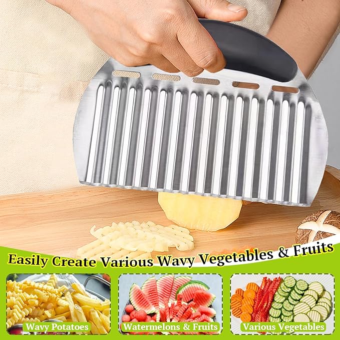 Suuker Large Crinkle Cutter French Fry Cutter, Large Crinkle Potato Slicer Wavy Chopper, Stainless Steel Wave Fries Cutter Slicer With Handle for Veggies, Potato, Cucumber, Carrot Chip