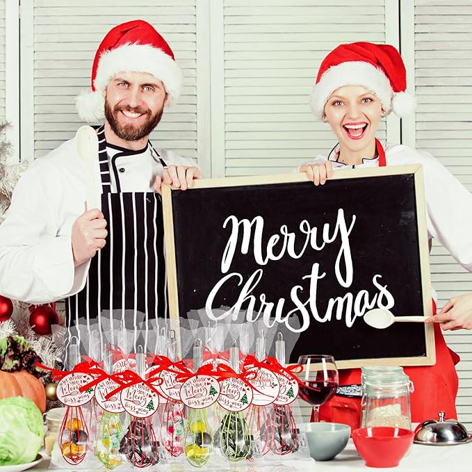 24 Sets 10 Inch Christmas Whisks Gifts DIY Fillable Christmas Tree Ornaments Xmas Colored Silicone Whisks for Cooking Heat Resistant Egg Beaters with Card Rope Bag for Candy Holder