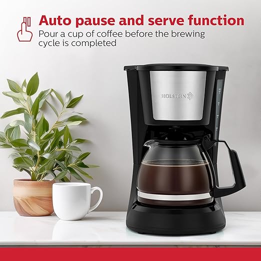 Holstein Housewares 5 Cup Drip Coffee Maker – Compact and User-Friendly with Auto Pause & Serve, Reusable Filter, Measuring Spoon & Glass Carafe, Office & Dorm Use, Black
