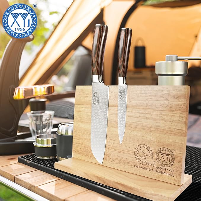 XYJ Authentic Since 1986, Magnetic Knife Block, Double Side Kitchen Knife Holder, Natural Wood, Knife Cutlery Display Stand, Organizer Storage Rack for Home Kitchen
