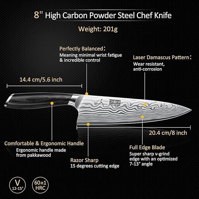 HOSHANHO 8 Pieces Knife Set with Magnetic Block, Ultra Sharp Powder Steel Knife Block Set, Professional Chef Knife Sets with Ergonomic Handle & Knife Sharpener