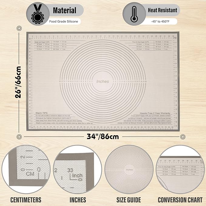 Silicone Pastry Mat 34x26 Inch - Nonstick Baking Mat Perfect for Dough, Pastry, Pie Crust, Fondant, Bread, Cookies, Pasta, Pizza