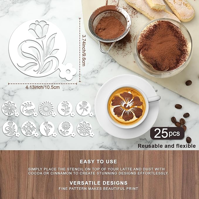 Mandala Coffee Stencils Reusable - 25 Pcs Flower Stencils for Cookies Sourdough Bread Decor, Rangoli Mandala Baking Templates