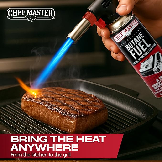 Butane Torch Lighter w/ 4 x 8oz. Butane Fuel Tin Canister Combo, Refillable Kitchen Torch & Adjustable Flame Cooking Torcher for Creme Brulee, Dessert, Meats, Indoor & Outdoor BBQ by Chef Master 90022