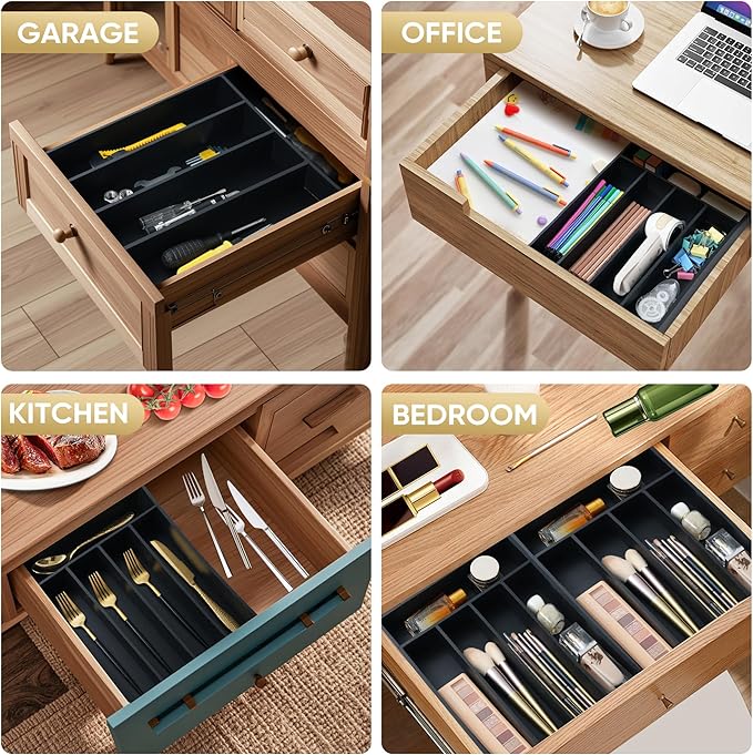Silverware Organizer, 10 Inch Utensil Organizer Kitchen Drawer Organizer Bamboo Silverware Holder Cutlery Tray Organizer in Drawer Flatware Organizer Tray(5 slots, Black）
