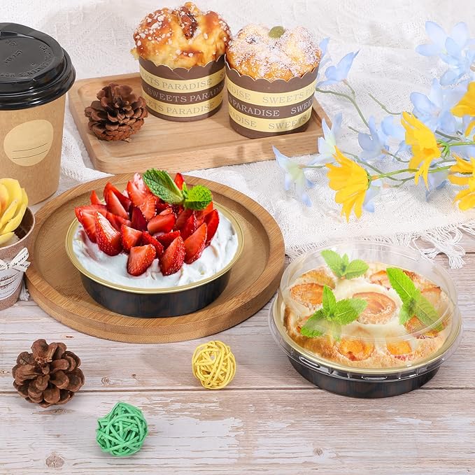 Beasea 20 Pack 4” Mini Pans with Lids, 8oz Disposable Aluminum Baking Foil Tins Round Small Black Dark Red Spot Container for Individual Cupcake Dessert Muffin Ramekin Cheesecake Quiche Oven Dishes