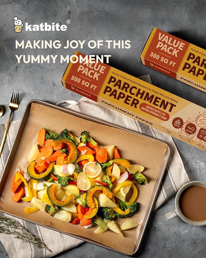 2 Value Pack 15in x 242ft, 300 Sq.Ft Unbleached Parchment Paper Roll for Baking, Katbite Parchment Baking Paper with Serrated Cutter, Non-stick Roll for Cooking, Air Fryer, Steaming, Bread