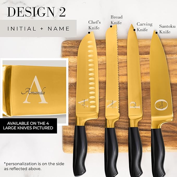 Personalized Black and Gold Knife Set with Block and Sharpener – 14-Piece Custom Engraved Titanium-Coated Gold Knives – Full Tang, Stainless Steel, Ergonomic, Gift-Ready