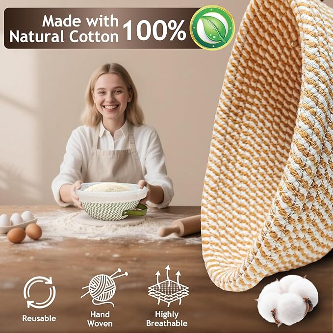 Banneton Bread Proofing Basket Set,Cotton Rope Sourdough Banneton Basket Oval Round, 10 inch Sourdough Bread Baking Supplies with 4 Liners, Handmade Proofing Bowls for Artisan Bakers Starter