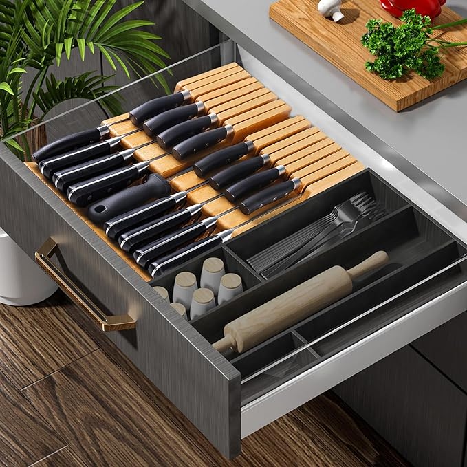 HHXRISE Knife Drawer Organizer, Bamboo In-Drawer Insert Knife Block Holds 16 Knives (Not Included) + Sharpener Slot, Detachable Washable Holder for Kitchen Knives Storage