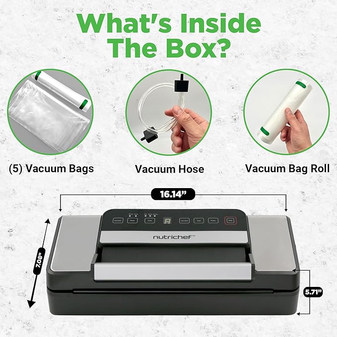 Nutrichef Automatic Food Vacuum Sealer with Double Sealing Function, Electric Air Sealing System for Dry, Liquid & Moist Foods, Reduces Food Waste, Preserve Freshness of Proteins, Fruits, Vegetables