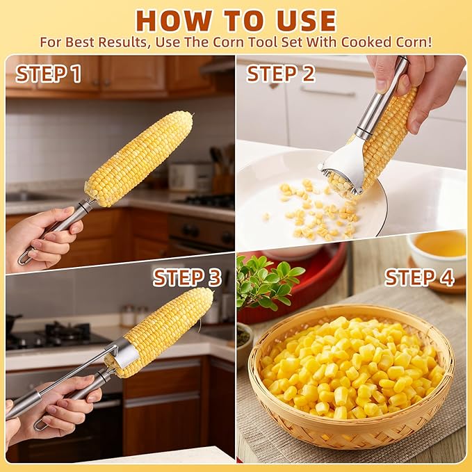 Upgraded Corn Peeler 3PCS Stainless Steel Corn Peeler for Corn on The Cob with Corn Stripper Tool and Corn Holder Set, Corn Cob Stripper Tool for Quick & Easy Peeling, Corn Scraper for Kitchen