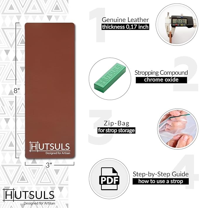 Hutsuls Brown Leather Strop with Compound - Get Razor-Sharp Edges with Stropping Kit, Green Honing Compound & Vegetable Tanned Two Sided Knife Sharpener Step-by-Step Guide Included