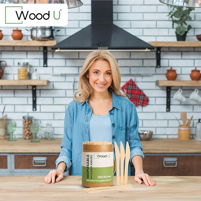 WoodU Disposable Wooden Knives 100% All-Natural, Eco-Friendly, Biodegradable, and Compostable - Pack of 200-6.5" Knife