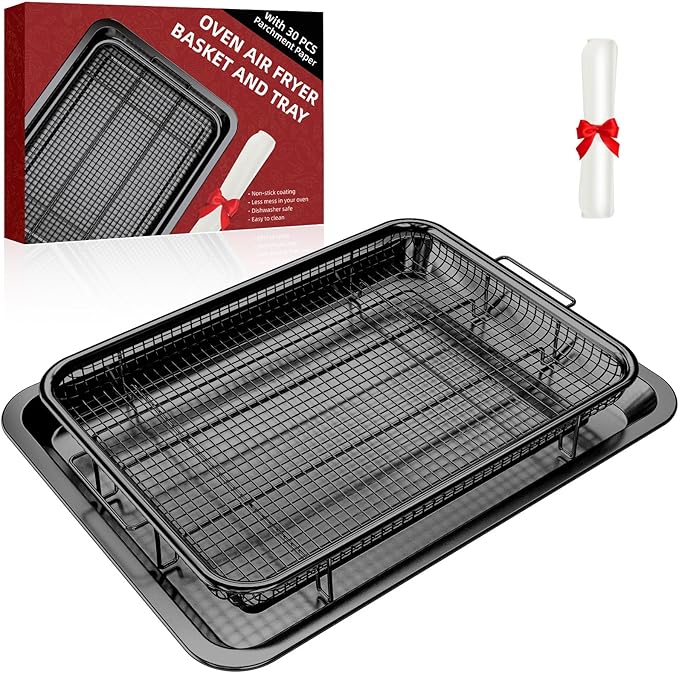 Air Fryer Pans for Oven, Oven Air Fryer Basket and Tray with 30 PCS Parchment Papers, DEGOVIN Crisper Tray Non-stick Stainless Steel Air Fry Pans for Convection Oven(15.8" × 11"-Black)