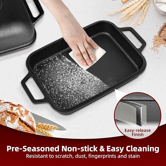 Davivy 9QT Pre-Seasoned Dutch Oven for Sourdough Bread, Non-stick Cast Iron Sourdough Bread Loaf Baking Pan, Large Capacity Cast Iron Loaf Pan, with Silicone Oven Mitts