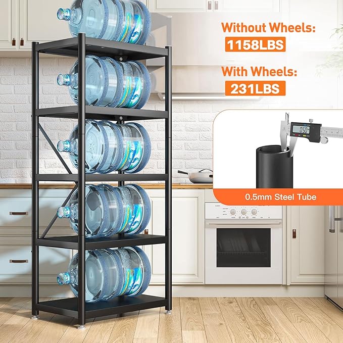 REIBII Storage Shelves for Storage with Wheels 1158LBS Heavy Duty Metal Shelving Unit Rolling Adjustable 5-Tier Pantry Shelves Kitchen Shelves Garage Shelving Utility Rack 2 Pack