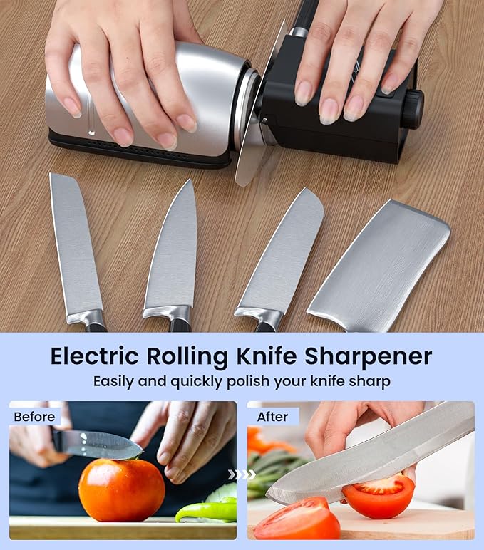 Upgraded Roller Knife Sharpener Kit | Electric Knife Sharpener with 5 Premium Discs & 10-25°Precision Djust | Automatic Cordless Sharpener for Kitchen Knife | for Polishing of All Straight-edged Tool