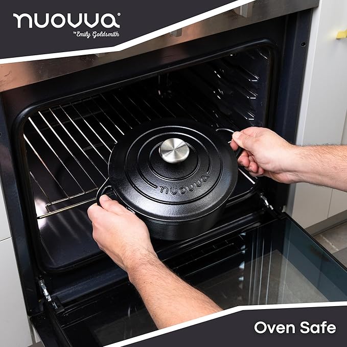 Cast Iron Pot with Lid – Non-Stick Ovenproof Enamelled Casserole Pot, Oven Safe up to 500° F – Sturdy Dutch Oven Cookware – Black, 5-Quart, 24cm – by Nuovva