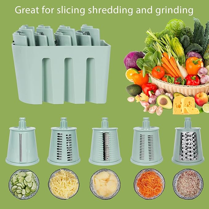 5 in 1 Rotary Cheese Grater Vegetable Slicer - Drum Mandoline Chopper for Kitchen, Easy to Clean with Storage Container