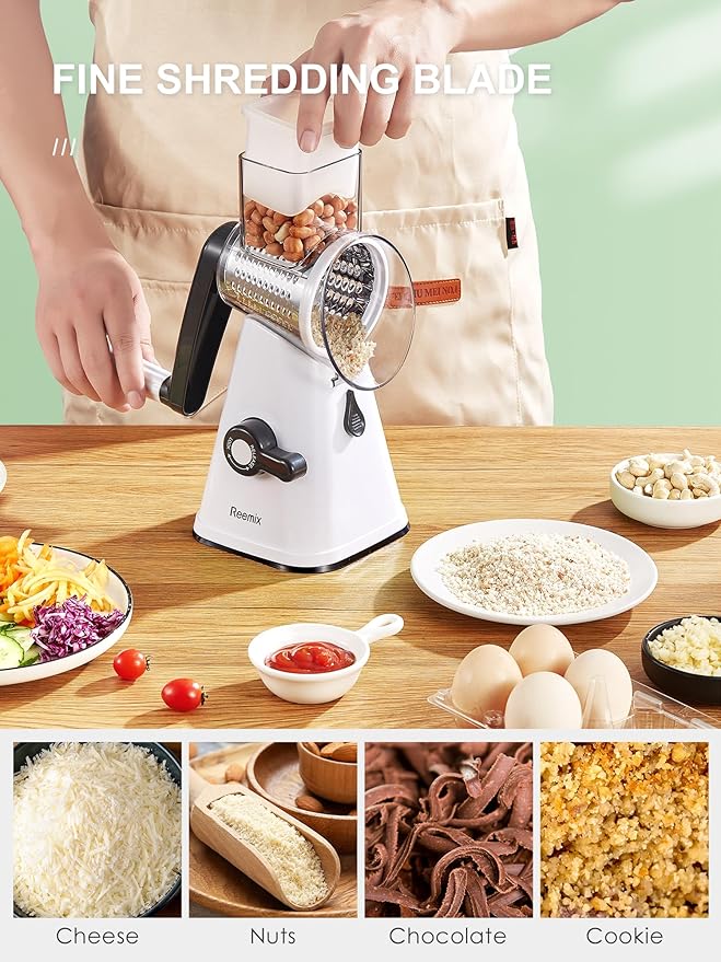 Rotary Cheese Grater with Handle, Reemix Vegetable Cheese Shredder Slicer Grater for Kitchen 3 Changeable Blades for Cheese Potato Zucchini Nuts Chocolate (White)