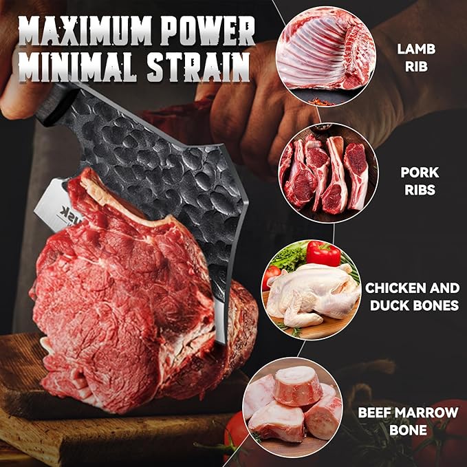 Huusk Meat Cleaver Knife Heavy Duty Bone Chopper, Hand Forged Kitchen Axe with Sheath, Full Tang Bone Chopping Knife, Japanese Butcher Knife for Meat Cutting, Kitchen Father Gift Idea Men