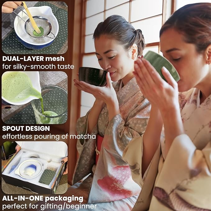 Matcha Whisk Set Incl. Ceramic Bowl With Spout, Whisk (Chasen), Stand, Bamboo Scoop, Sifter, Electric Frother, Tea Towel etc. 9 Pcs Matcha Making Starter Kit, Blue&White