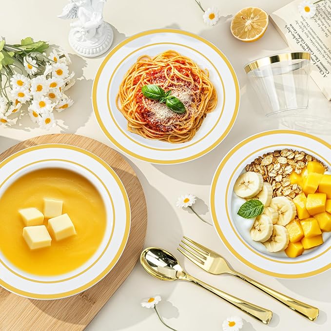 BESTVIP 100 Pack Plastic Bowls with Gold Rim, 12 oz Disposable Soup Bowls, Heavy-duty Dessert Salad Bowl for Party, Wedding, Christmas, Thanksgiving, Dinner, Catering