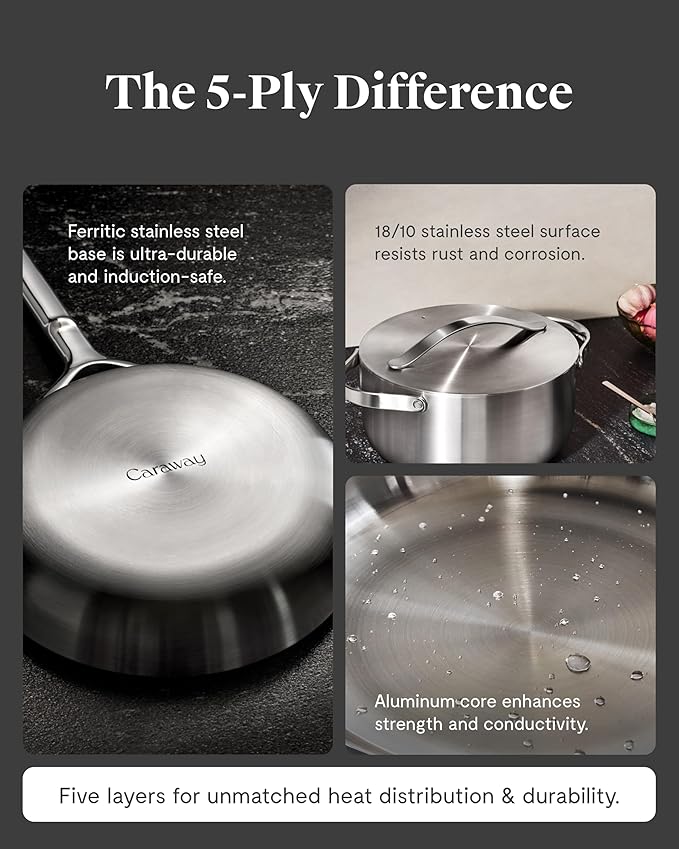 Caraway Stainless Steel Dutch Oven (6.5 Qt) - 5-Ply Stainless Steel - Oven Safe & Stovetop Agnostic - Non Toxic, PTFE & PFOA Free