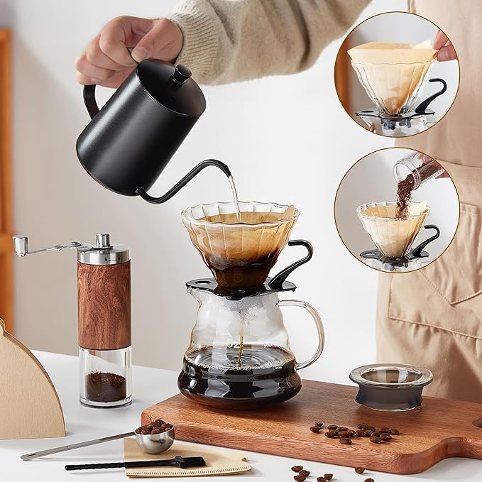 Unbreakable Pour Over Coffee Maker Set – 6-Piece Set with Coffee Maker, Hand Coffee Grinder, Hand Drip Kettle, V60 Filters (40 Sheets), and Measuring Spoon – Perfect for Home Brewing and Travel