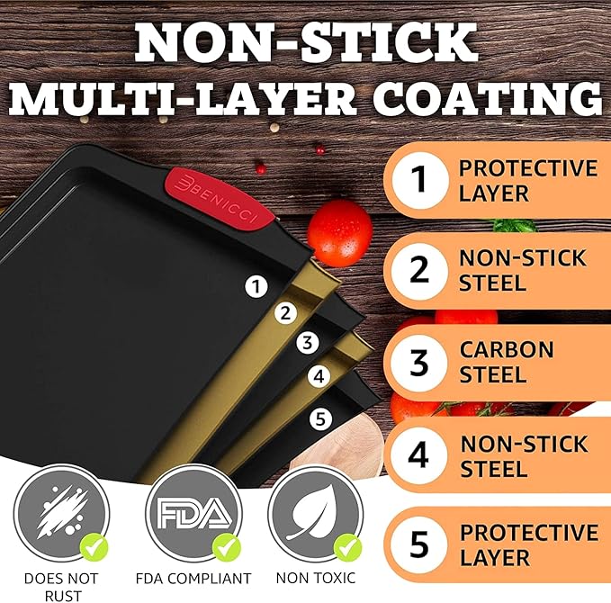 Premium Non-Stick Baking Sheets Set of 3 - Deluxe BPA Free, Easy to Clean Racks w/Silicone Handles - Bakeware Pans for Cooking Baking Roasting - Lets You Bake The Perfect Cookie or Pastry Every Time