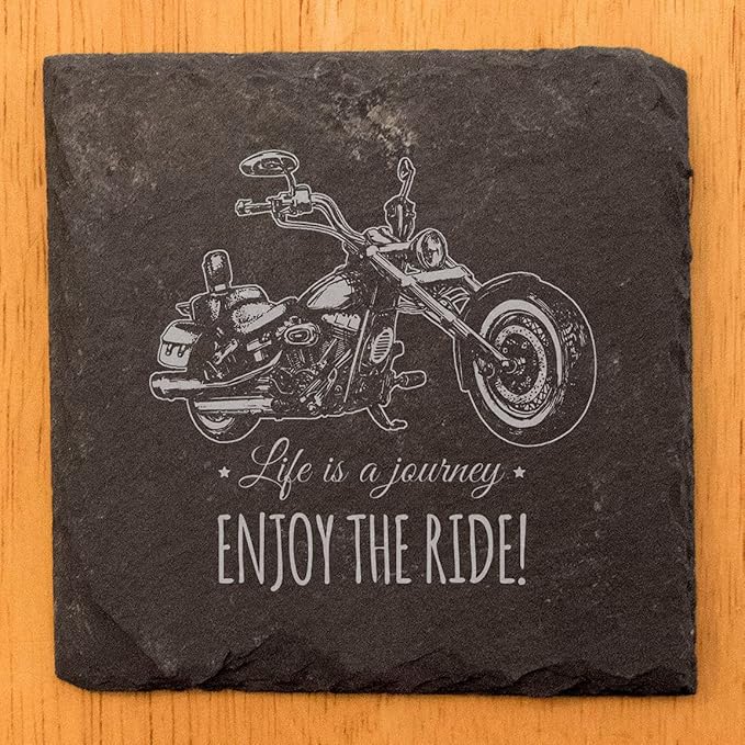 Coast in Style: Rustic Slate Coasters with Motorcycle Design - Square Slate - Set of 6