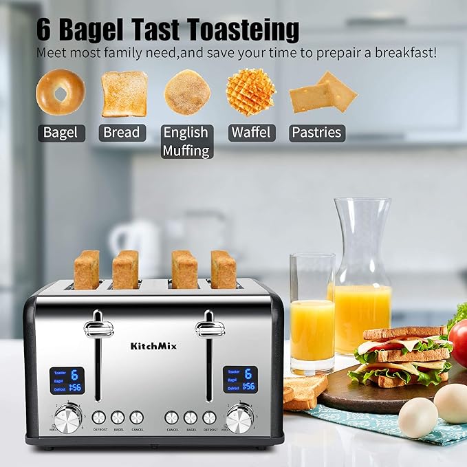 Toaster 4 Slice, Bagel Stainless Toaster with LCD Timer, Extra Wide Slots, Dual Screen, Removal Crumb Tray (Gray)