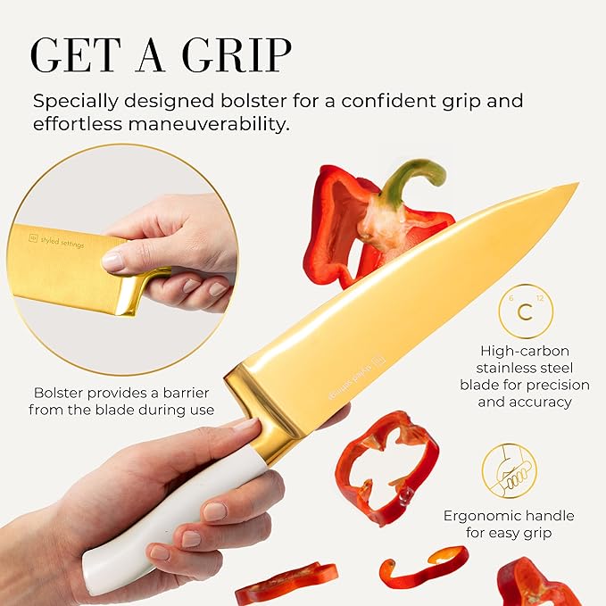 White and Gold Knife Set with Block - 14-Piece White Knife Set with Block and Built-In Sharpener – Titanium-Coated High Carbon Stainless Steel Blades - Gold Kitchen Accessories - Great for Gifting