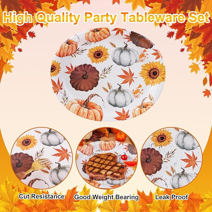 WDF 50 Pack Fall Oval Paper Plates - 10" x 12" Pumpkin and Maple Large Paper Plate - Thanksgiving Autumn Leaves Plates Disposable Heavy Duty Dinner Size - Suitable For Thanksgiving/Fall Theme Party