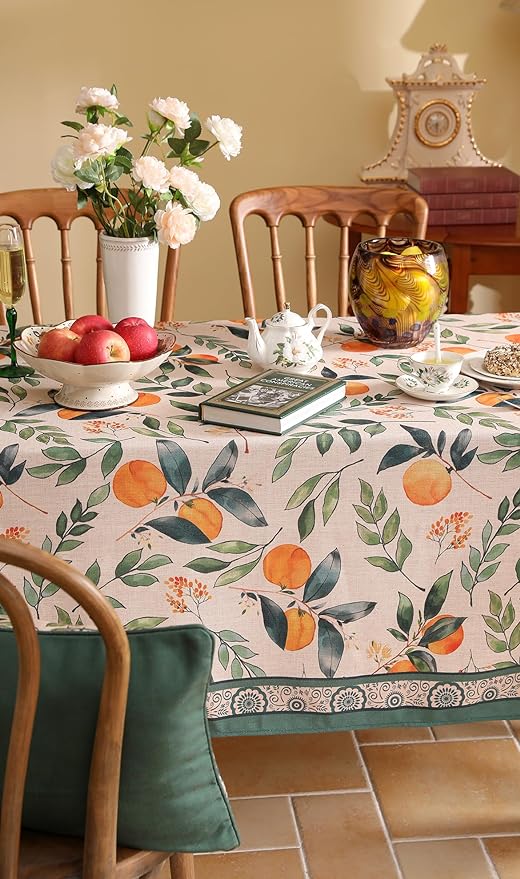 patdrea Designer Vintage Linen Rectangle Table Cloth,Framhouse Oranges and Leaves Pattern French Tablecloth,Fall Decor Cover for Kitchen Dining Christmas,Thanksgiving,55"x87"-Palladin a