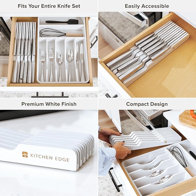 KitchenEdge White Knife Drawer Organizer Insert - Knife Block Holder, Holds 5 Long + 6 Short Knives (Not Included), Fits Most Sizes, Non-Slip Feet, 100% Sustainable Bamboo, Food-Safe White Finish