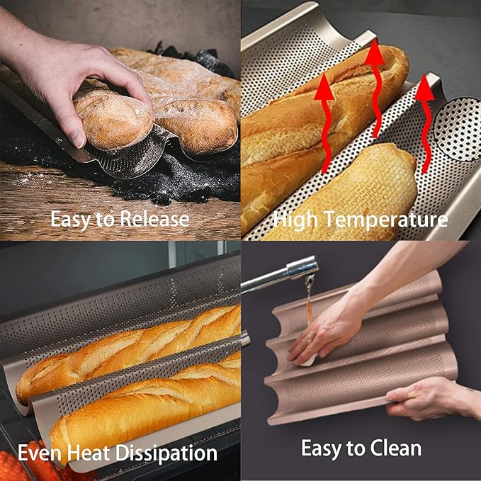 Hesanzol Baguette Pans for Baking 15" x 11", Carbon Steel 3 Loaf Nonstick Baguette Baking Tray for French & Italian Perforated French Bread Pan (2pack - Gold)