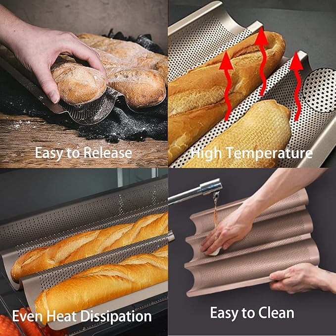 Baguette Pans for Baking 15" x 11", Carbon Steel 3 Loaf Nonstick Baguette Baking Tray for French & Italian Perforated French Bread Pan