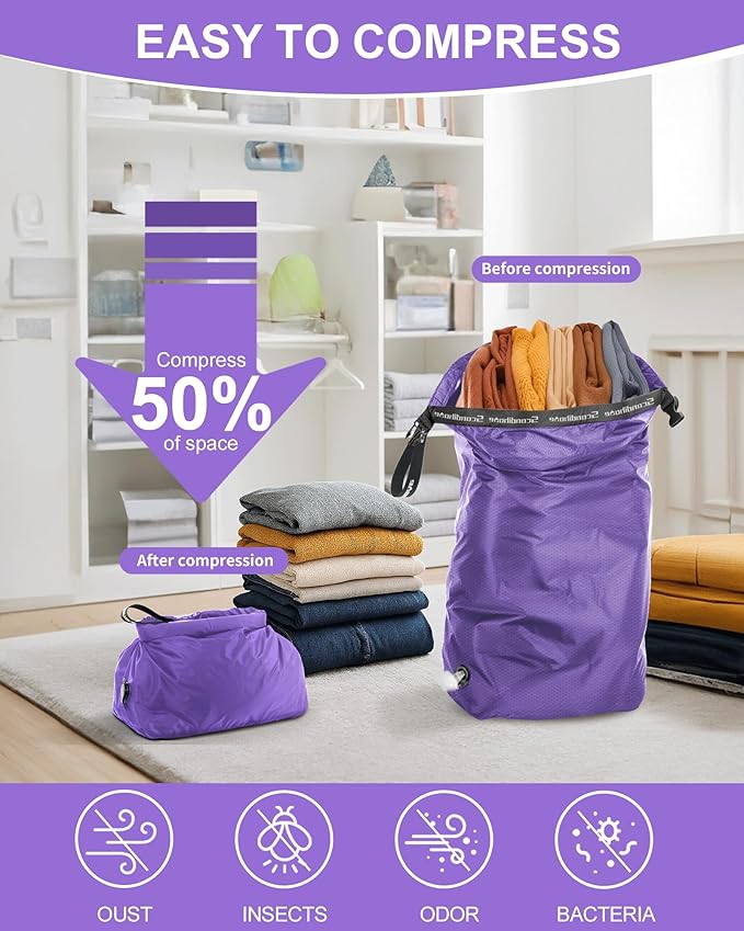 Travel Laundry Bag, Pump Free Vacuum Storage Bag Reusable Compression Dirty Clothes Travel Bag Waterproof Wet Dry Bags Large Capacity Space Saver Bags Camp Clothes Organizer (1 Pcs)(Purple, L)