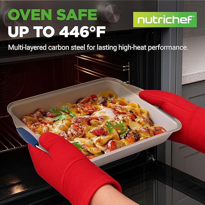 NutriChef 10-Piece Nonstick Bakeware Set - Premium Carbon Steel Baking Pan Set w/Heatsafe Silicone Handles, Includes Pizza Crisper, Loaf Pan, 12 & 24 Cup Muffin Pans, Cake Pans, Cookie Sheets