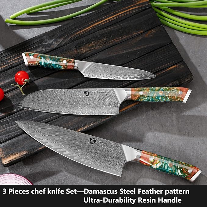 WILDMOK Damascus Kitchen Knife Set, Chef Knife Set, Sharp Damascus Steel Forged Blade Kitchen Knives Set with Ergonomic Resin Handle