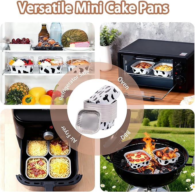FORBFAN 150 Pcs Mini Square Baking Cups with Lids, 8 oz Mini Aluminum Cake Pans, Small Baking Tins Cow Print