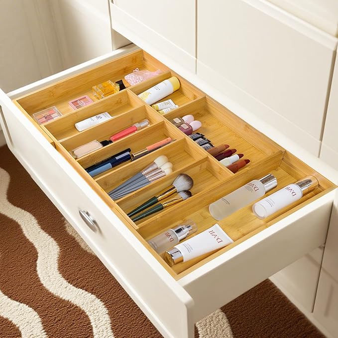 Utoplike Extra Large Kitchen Drawer Organizer, Expandable Bamboo Drawer Holder for Utensils, Silverware, Flatware, 7-9 Slots Cutlery Tray