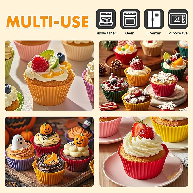 24 Pack Reusable Silicone Cupcake Baking Cups, 2.96 inch Multicolor Cups, Non-stick Muffin Liners for Weddings, Birthday, Party Halloween Christmas