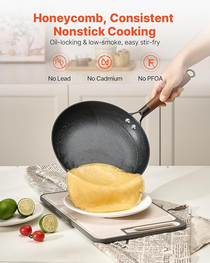 VEVOR Cast Iron Skillet, 3-Piece Frying Pan Set (8, 10, 12 in), Nonstick Skillets with Detachable Wood Handle, Pre-Seasoned Chef's Pan, Kitchen Cookware for Gas, Electrical, and Induction, Black