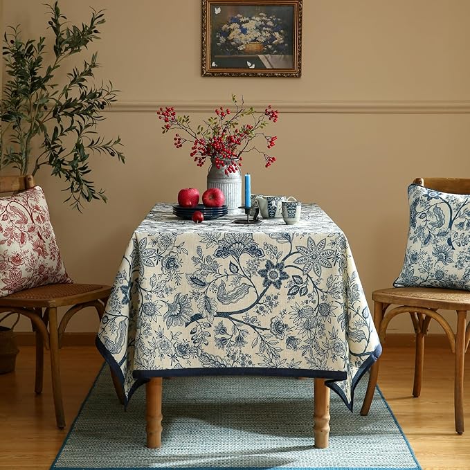 ISAENNE Designer French Linen Long Rectangle Tablecloth,Blue Floral Washable Indoor Table Cloth,Durable Home Decor Tablecloths for Dining Thanksgiving Kitchen Party Christmas,63"*102"-Ruyi B