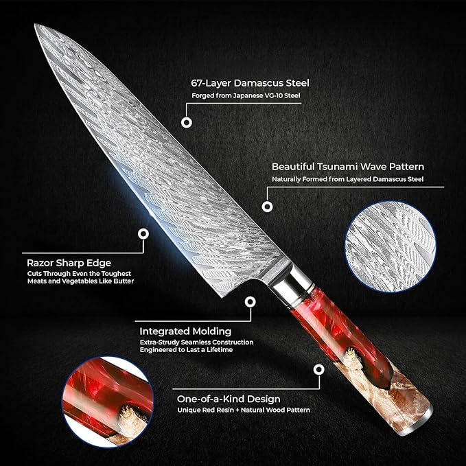 SENKEN 7-Piece Damascus Kitchen Knife Set - Tsunami Collection - 67-Layer Japanese VG10 Steel - Chef's Knife, Cleaver, Santoku, Bread, Boning, & More (Red Resin Blend)