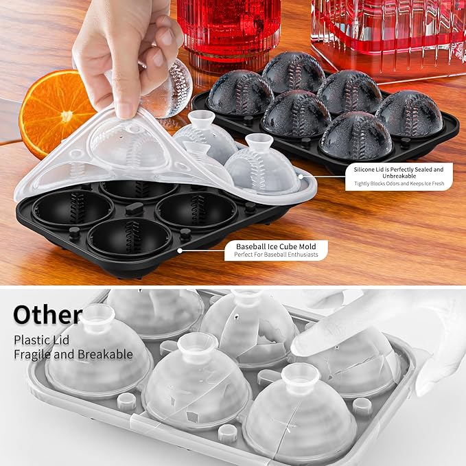 6 Chamber 2.2" 3D Baseball Gifts Ice Cube Tray With Funnel,Large Round Ice Ball Maker Mold Silicone Fun Shapes Bourbon Sphere Ice Molds,For Chilling Whiskey,Cocktails,Bourbon,Brandy and Beverages