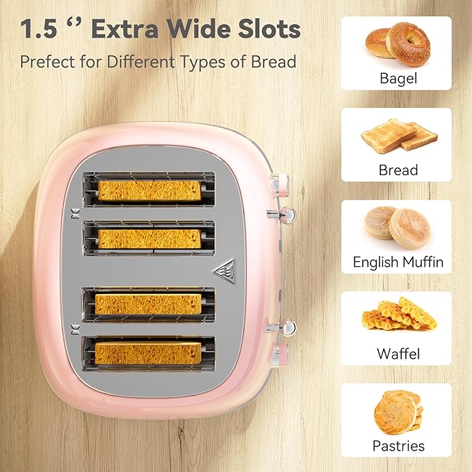 Toaster 4 Slice, Retro Stainless with 6 Bread Shade Settings,1.5''Wide Slots Toaster with Cancel/Defrost/Reheat Functions,Dual Independent Control Panel, Removal Crumb Tray (Pink)
